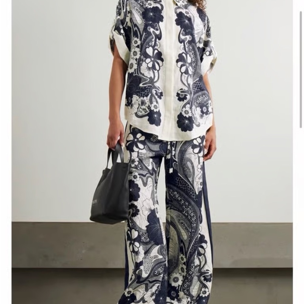 Navy and White Paisley Wide-Leg Pants